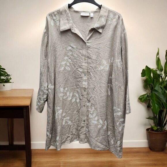 Susan Graver Linen Blend Shirt Womens 5X Tan White Leaf Button Up 3/4 Sleeves - Picture 1 of 10